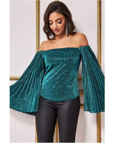 Goddiva Sequin Lurex Bardot Pleated Sleeve Top - Blue