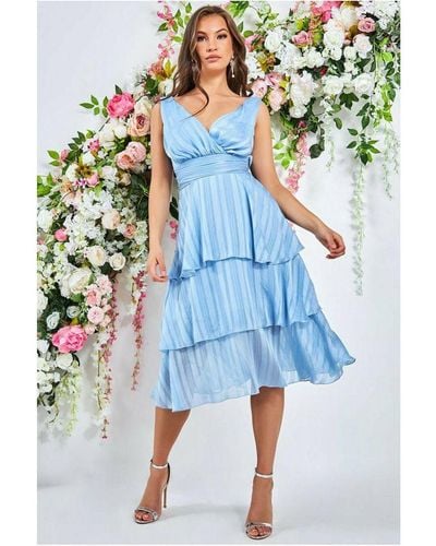 Goddiva Tiered Chiffon Midi Dress - Blue