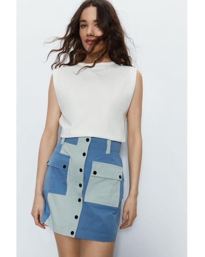Warehouse Colour Block Utility Mini Skirt Cotton - Blue