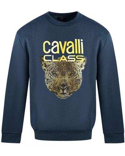 Roberto Cavalli Class Leopard Print Logo Jumper Cotton - Blue