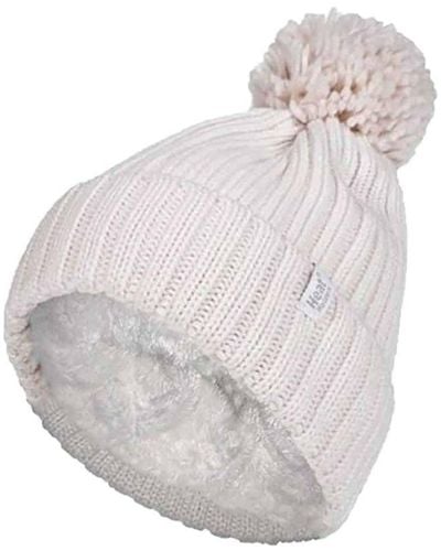 Heat Holders Ladies Ribbed Cuffed Thermal Insulated Winter Pom Pom Bobble Hat - White