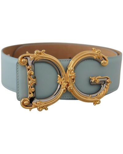 Dolce & Gabbana Blue Leather Wide Waist Dg Logo Baroque Gold Buckle Belt