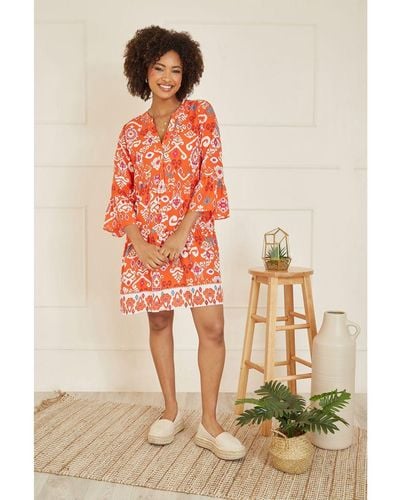 Yumi' Ikat Print 3/4 Sleeve Tunic Dress Cotton - Orange