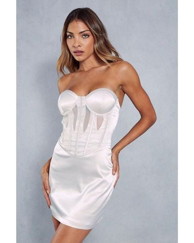 MissPap Satin Mesh Insert Corseted Bandeau Bodycon Mini Dress - White
