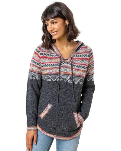 Roman Nordic Print Knitted Hooded Jumper - Grey