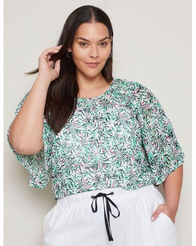 Autograph Elbow Sleeve Smocked Shoulder Mesh Top - Plus Size - Green