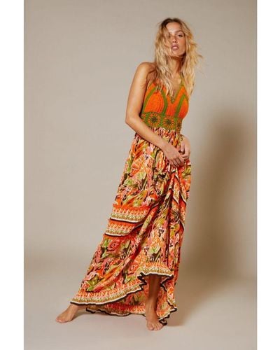 Warehouse Crinkle Rayon Border Print Crochet Top Maxi Dress - Brown