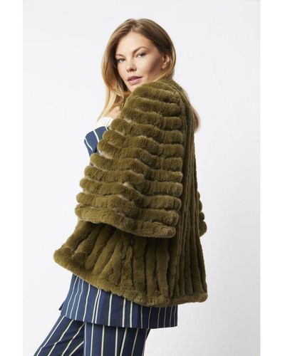 Jayley Faux Fur Suede Striped Cape Coat - Green
