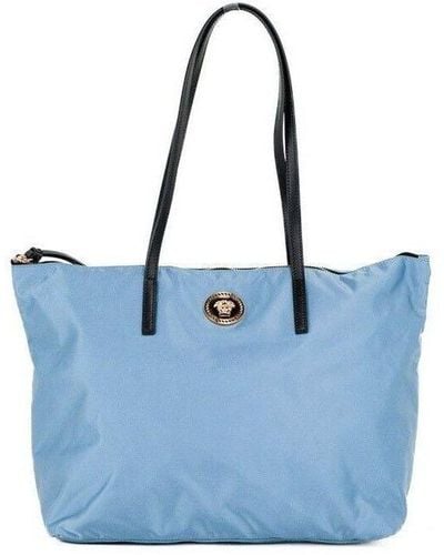 Versace Portuna Medusa Medium Cornflower Nylon Leather Tote Bag Purse - Blue