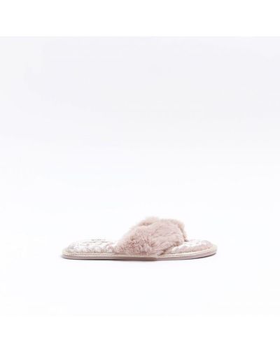 River Island Slippers Pink Faux Fur - White