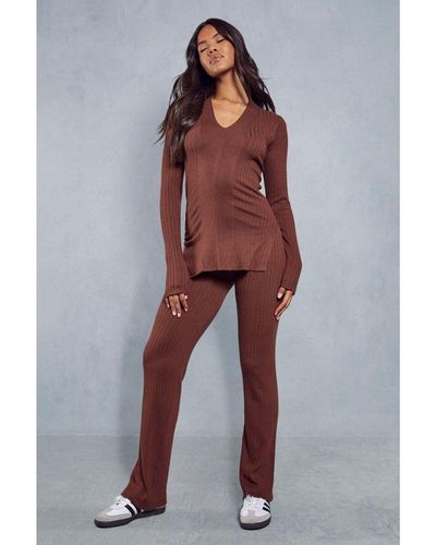 MissPap Knitted Ribbed Plunge Neck Co-Ord - Brown