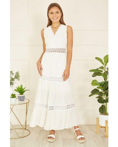 Yumi' Lace Trim Cotton Midi Sun Dress - Natural