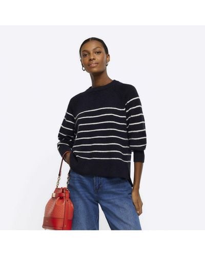 River Island Jumper Navy Knit Stripe Oversized - Blue