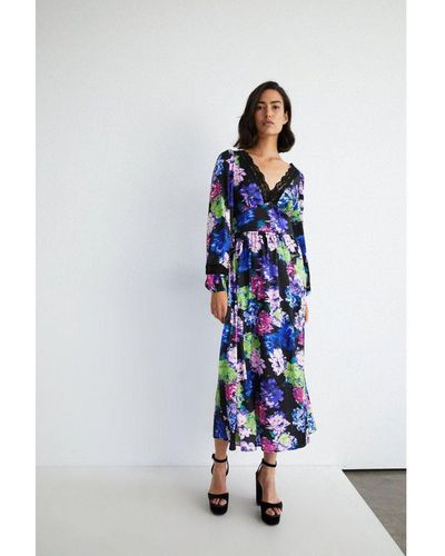 Warehouse Lace Insert Floral Print Midi Dress - Blue