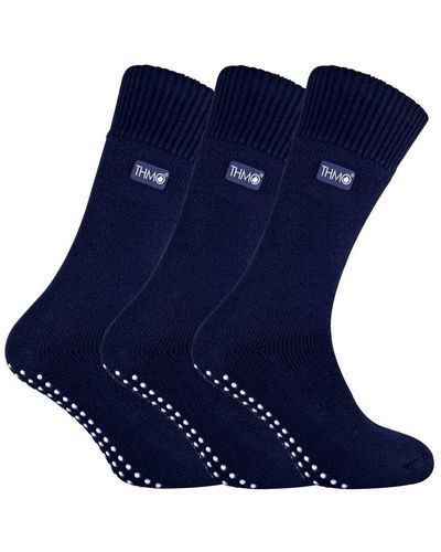THMO 3 Pairs Fleece Lined Slipper Socks With Grippers - Blue