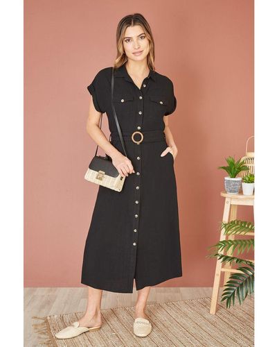Yumi' Viscose Linen Look Midi Shirt Dress With Wooden Belt - Black