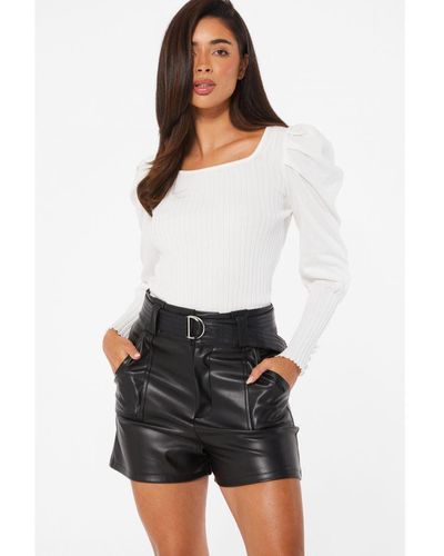 Quiz Black Faux Leather Belted Shorts - White