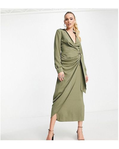 ASOS Design Collared Midi Dress Ruched Tie Waist - Green