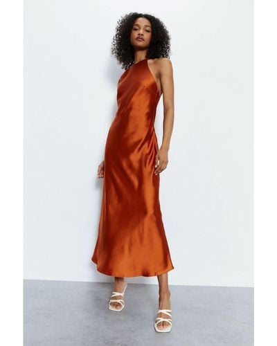 Warehouse Satin Strappy Back Slip Dress - Orange