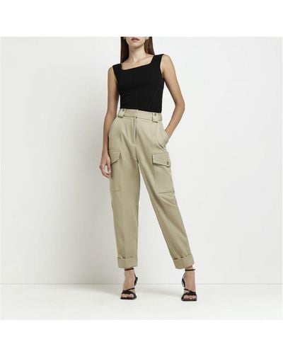 River Island Cargo Trousers Khaki Tapered Utility - Natural