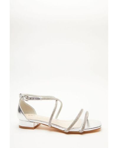Quiz Wide Fit Silver Diamante Flat Sandals - White