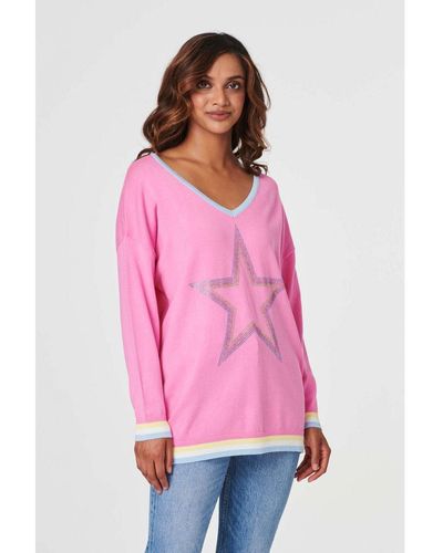 Izabel London Pink Star Embellished Knit Pullover Viscose