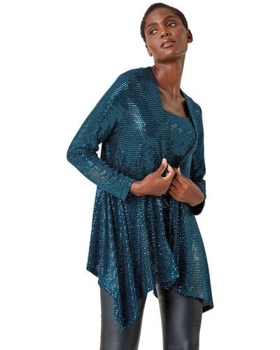 Roman Sequin Sparkle Waterfall Stretch Jacket - Blue