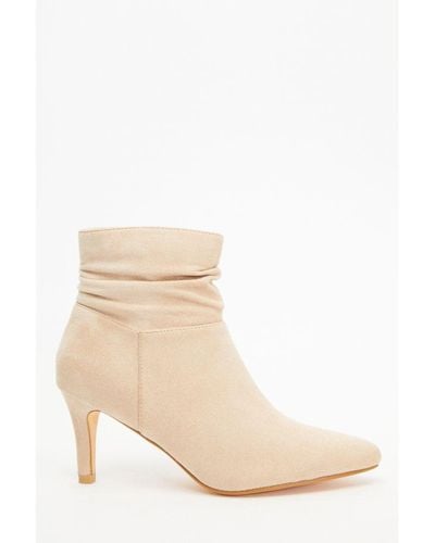 Quiz Cream Faux Suede Ruched Heeled Ankle Boots - Natural
