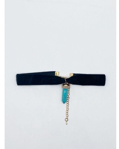 SVNX Faux Velvet Choker With Turquoise Stone Charm - Blue