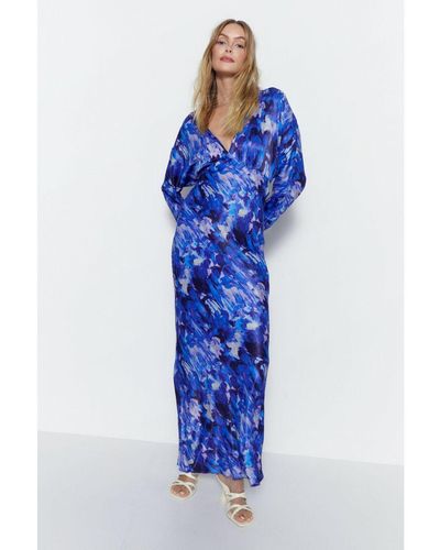 Warehouse Blurred Abstract Print Satin Batwing Dress - Blue