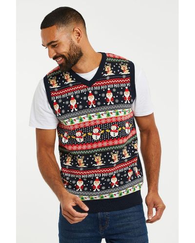Threadbare Frosty Christmas Knitted Vest Cotton - Red