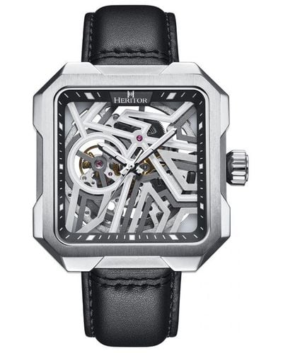 Heritor Campbell Leather-Band Skeleton Watch - White