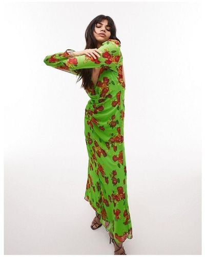 TOPSHOP Gathered Floral Open Back Long Sleeve Maxi Dress - Green