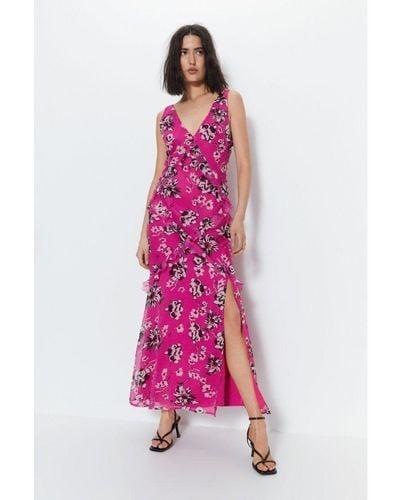 Warehouse Premium Ruffle Detail Floral Maxi Dress - Pink