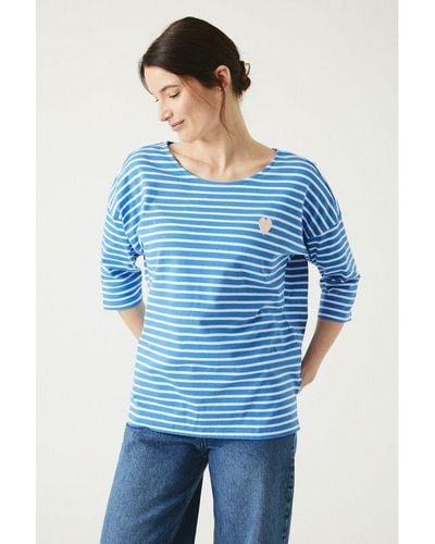 MAINE Heart Stripe 3/4 Sleeve Top Cotton - Blue