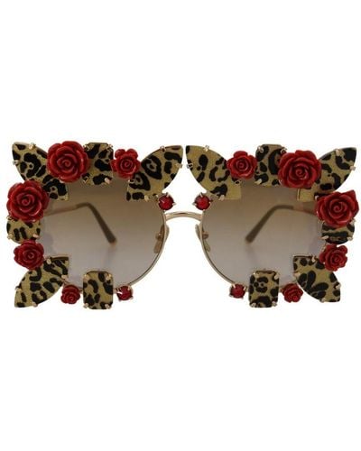 Dolce & Gabbana Embellished Metal Frame Sunglasses With Roses - Brown