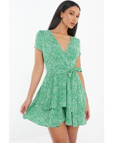 Quiz Polka Dot Wrap Mini Dress - Green