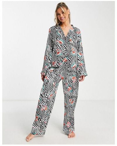 ASOS Satin Floral Animal Shirt & Trouser Pyjama Set - White