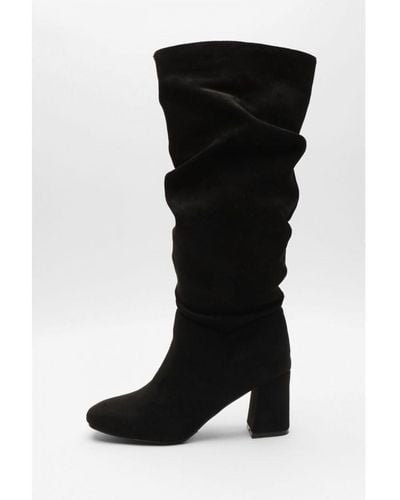 Quiz Wide Fit Faux Suede Ruched Heeled Boots - Black