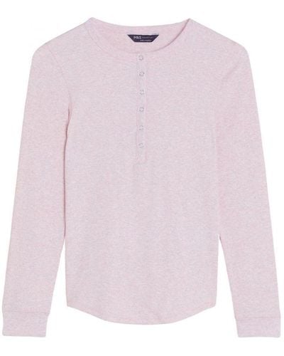 Marks & Spencer Cotton Ribbed Henley Top - Pink