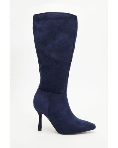 Quiz Navy Faux Suede Knee High Heeled Boots - Blue