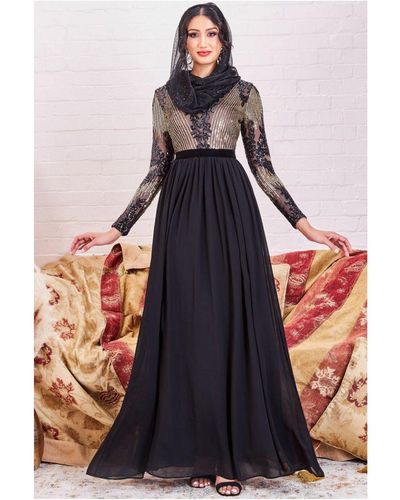 Goddiva Modesty Sequin Mesh Bodice Maxi Dress - Black
