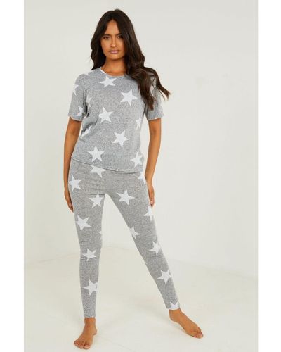Quiz Grey Star Print Long Pyjama Set - White