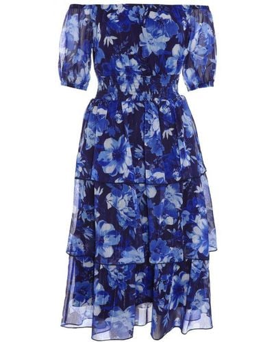 Quiz Petite Navy Chiffon Floral Bardot Midi Dress - Blue