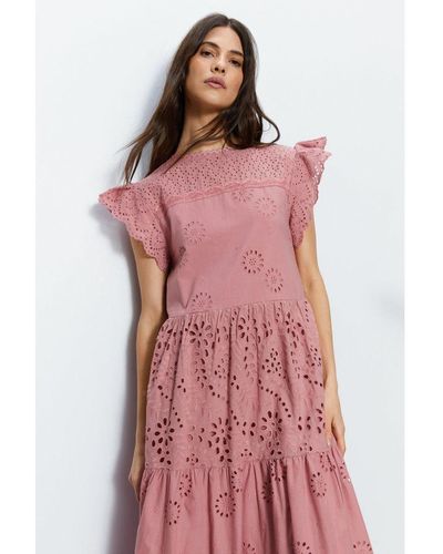 Warehouse Broderie Mix Tiered Midi Dress Cotton