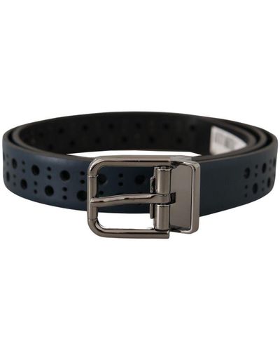 Dolce & Gabbana Perforated Leather Skinny Metal Buckle Belt - Black