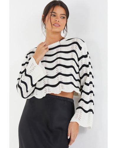 Quiz Wavy Print Knitted Cropped Jumper - White