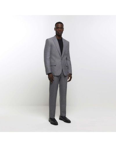 River Island Suit Trousers Grey Slim Fit Textured - White
