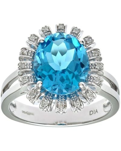 DIAMANT L'ÉTERNEL 9ct Witgouden Ring Met Blauwe Topaas En Diamanten Bloemencluster