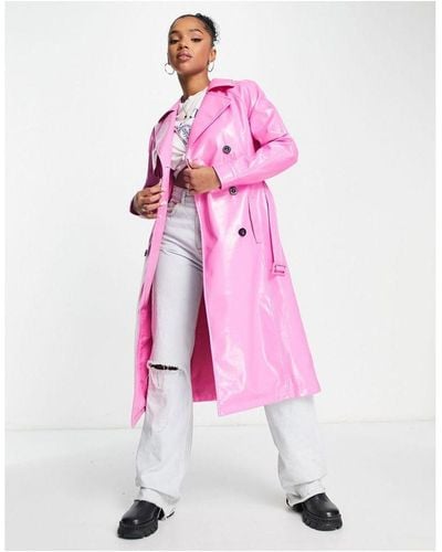 Miss Selfridge Vinyl Faux Leather Belted Trench Coat - Pink